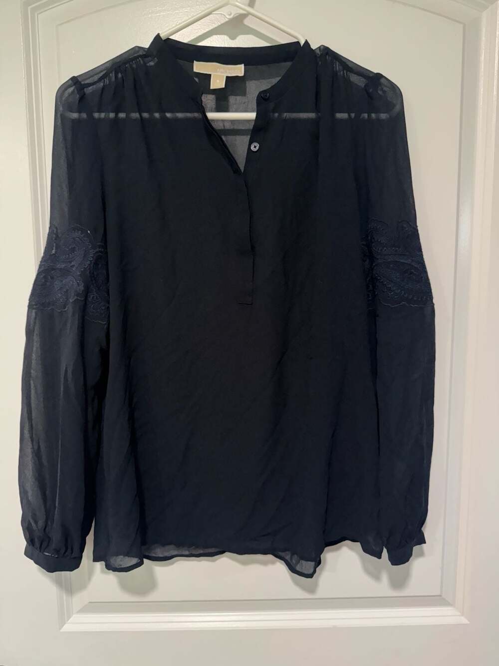 Michael Kors Sheer Black Embroidered Sleeve Blouse Romantic Boho Size S
